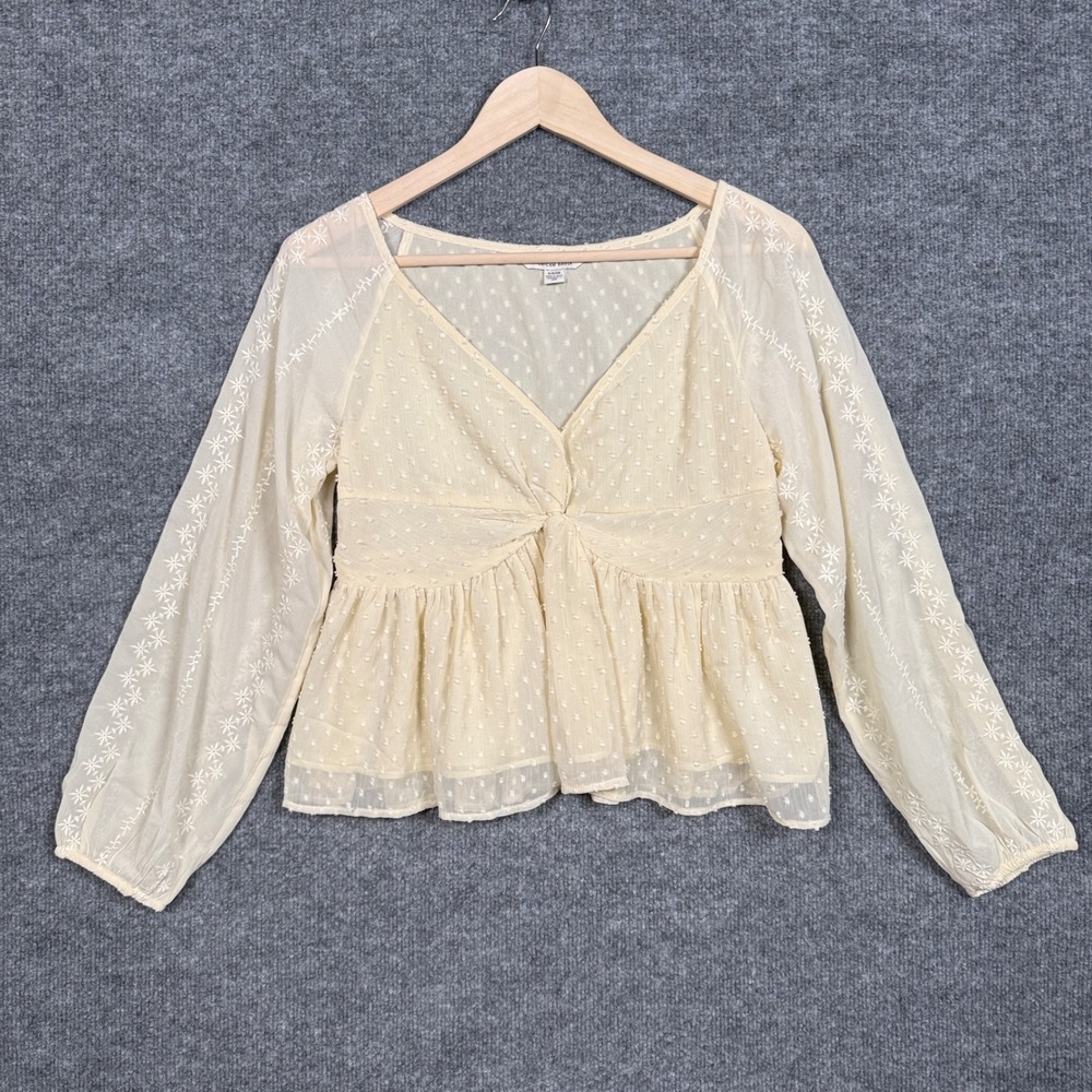 American Eagle Small Top Babydoll  Feminine Swiss Dot Twist Front Sheer Sleeve‎